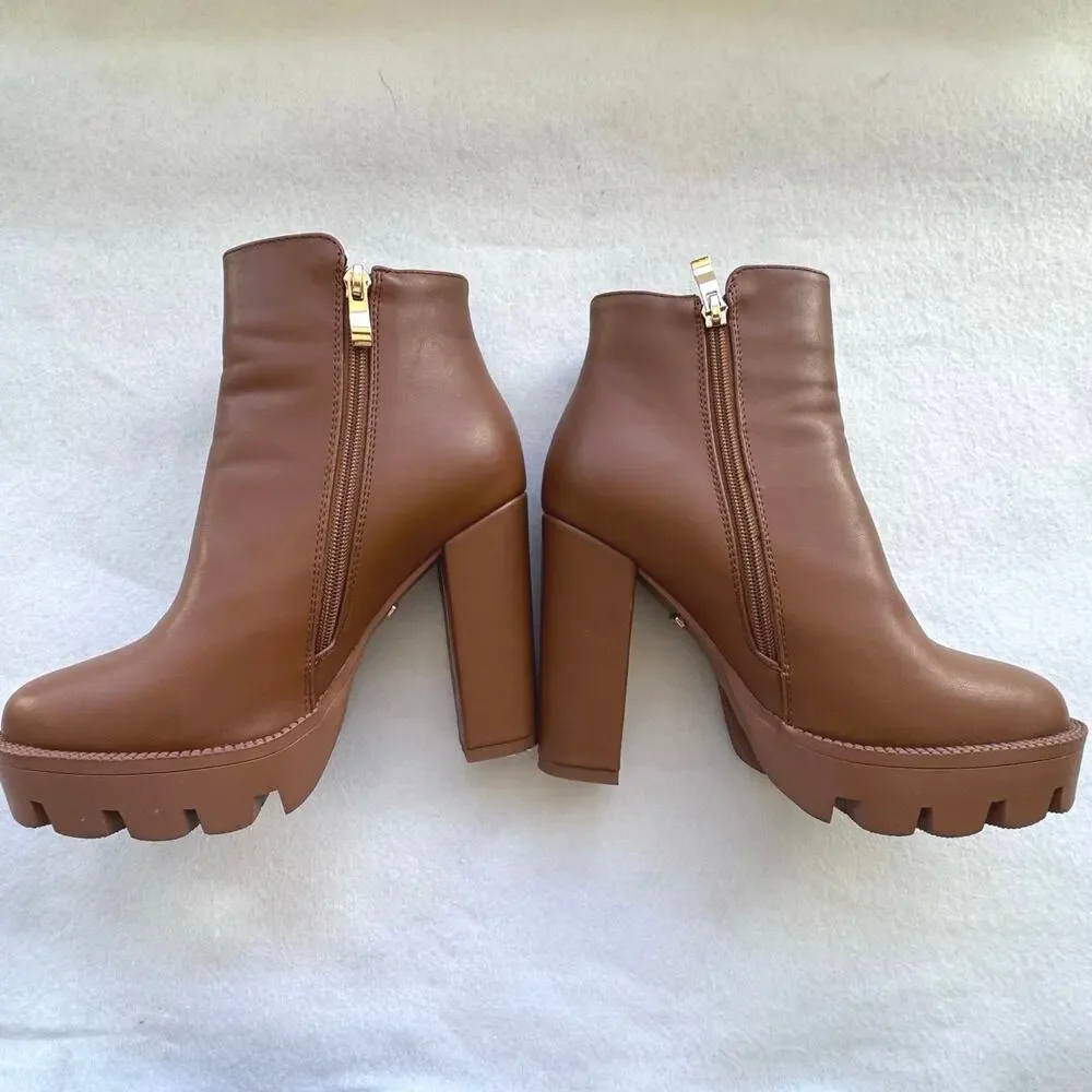 Studio F Chunky Platform Heeled Boots Size 37 – Brown Faux Leather Ankle Boots